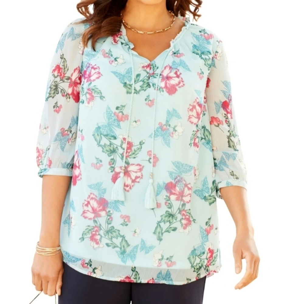 Catherines Ruffle Neck Peasant Floral Blouse Size 5X